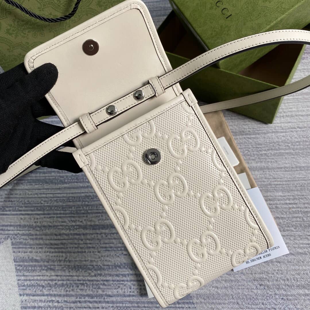 Gvc*1 GG Embossed Leather Mini Messenger Bag Replica White 625571