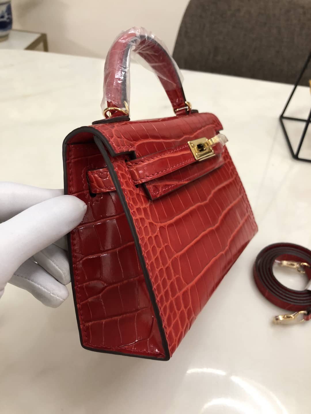 H**me5 Kelly Dupe Mini 19CM Crocodile Shiny Replica Bag