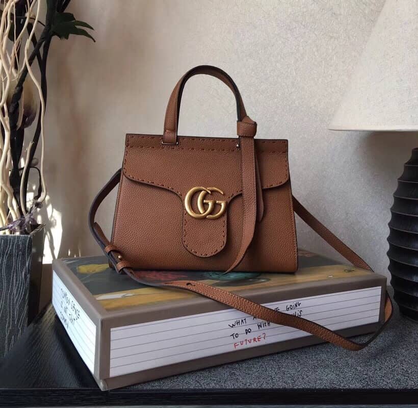 Gvc*1 GG Marmont Leather Top Handle Replica Bag Brown 421890