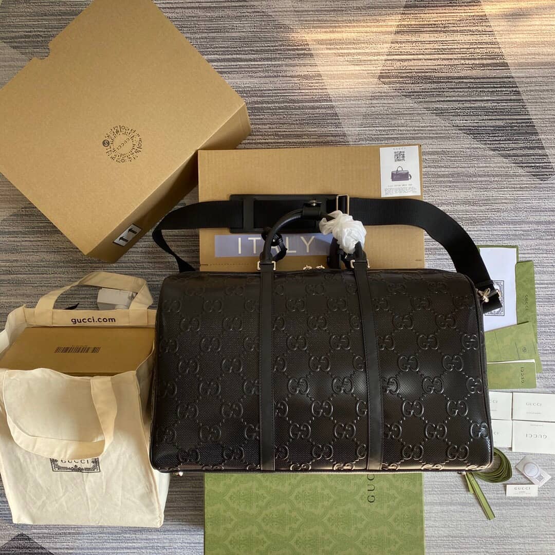 Gvc*1 GG Embossed Perforated Leather Duffle Bag Replica Black 625768