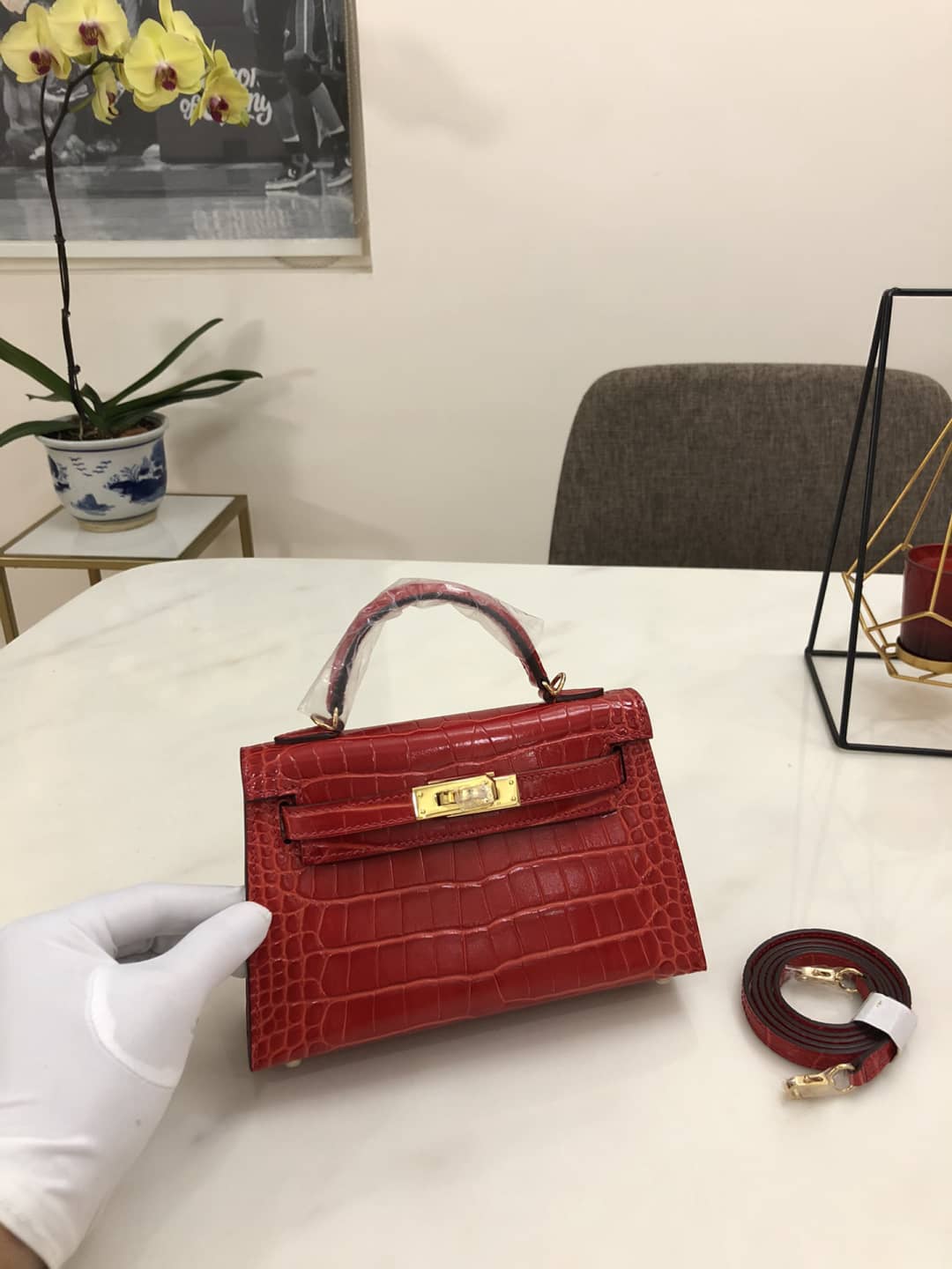 H**me5 Kelly Dupe Mini 19CM Crocodile Shiny Replica Bag
