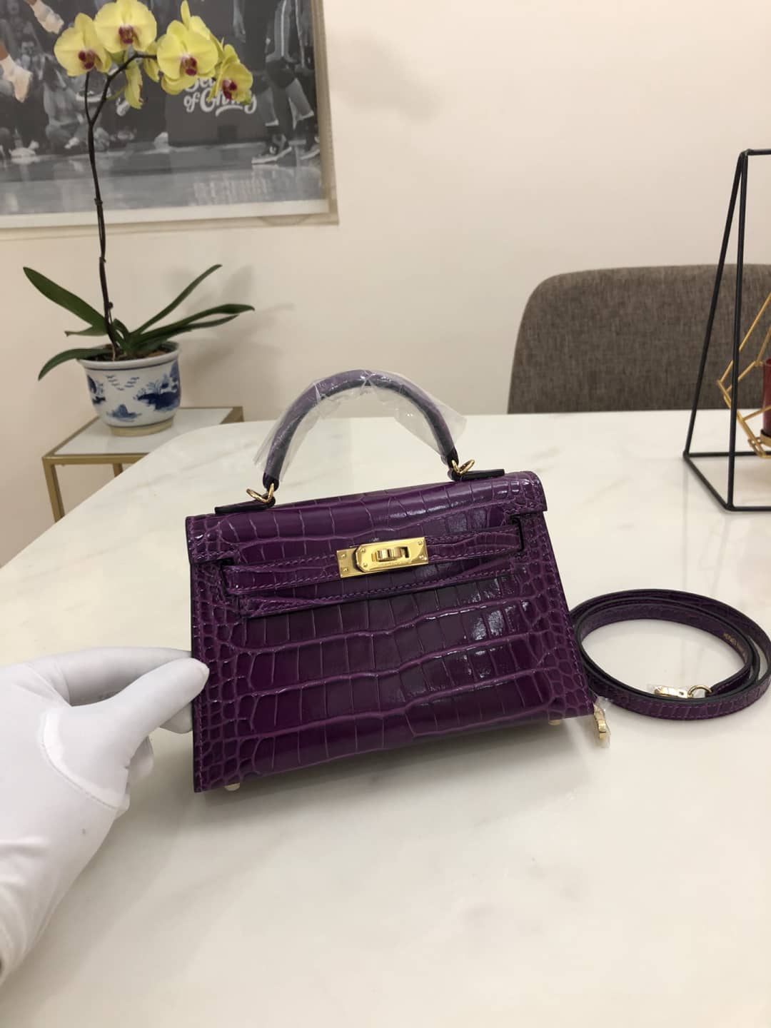 H**me5 Kelly Dupe Mini 19CM Crocodile Shiny Replica Bag