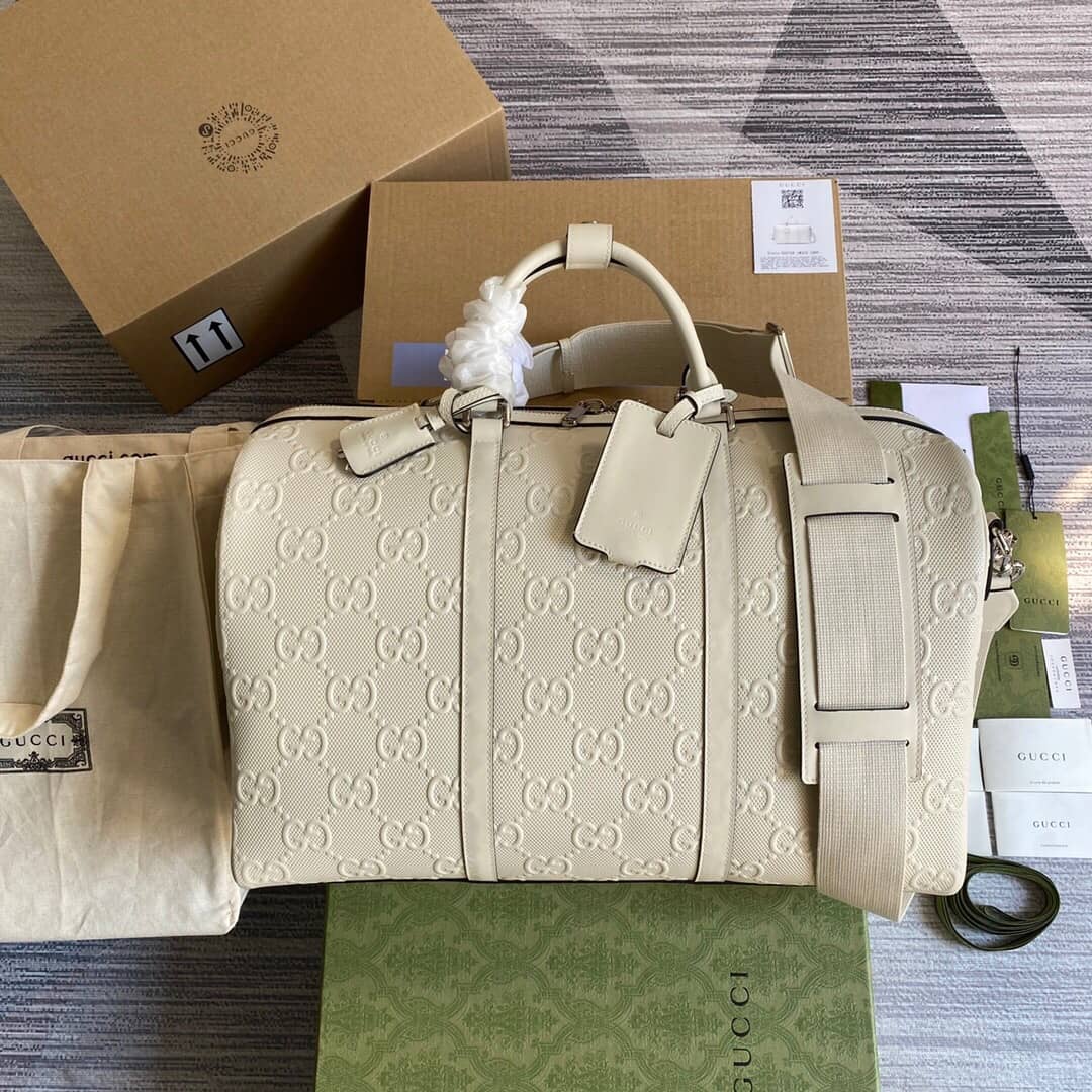 Gvc*1 GG Embossed Perforated Leather Duffle Bag Replica White 625768