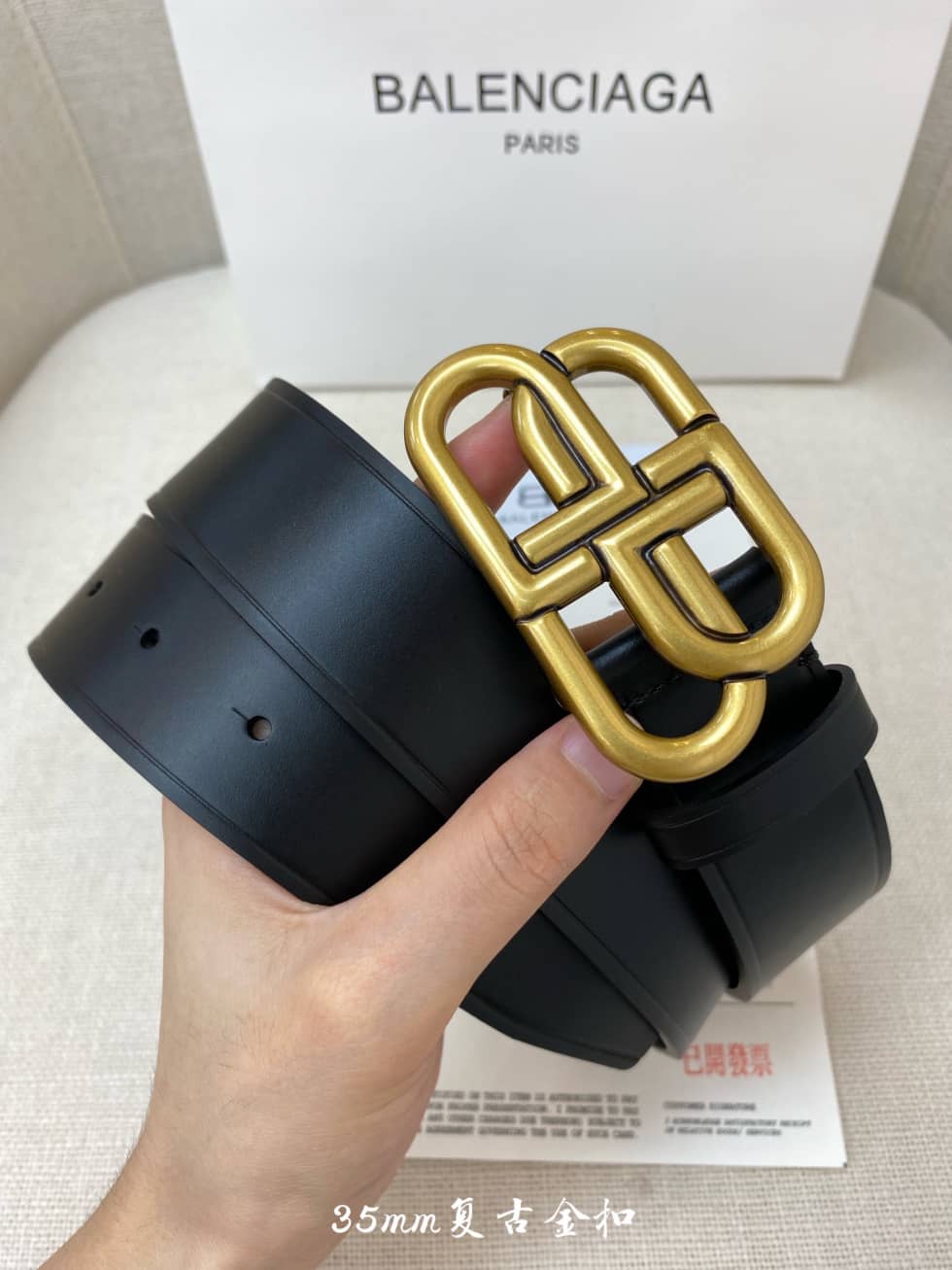 Ba1en*iaga Gold Buckle Leather Belt 35mm