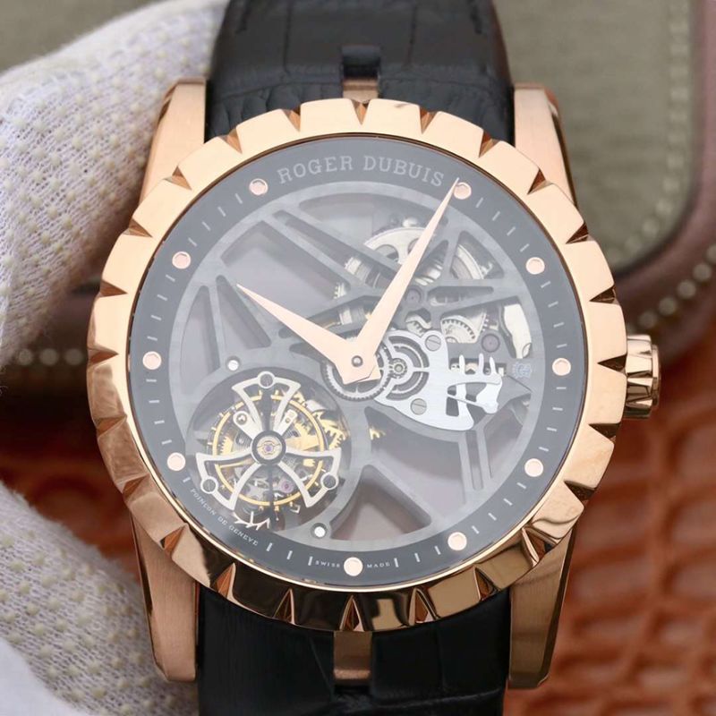 Replica Roger Dubuis Excalibur RDDBEX0392 1:1 Best Edition Swiss Tourbillon Black Leather Strap