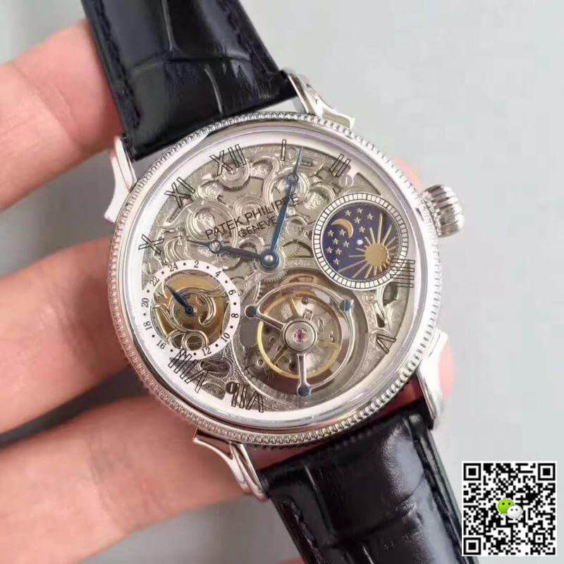 Pat*k Phi1i*pe Replica Tourbillon Moonphase 1:1 Best Edition Swiss Tourbillon Skeleton and White Dial