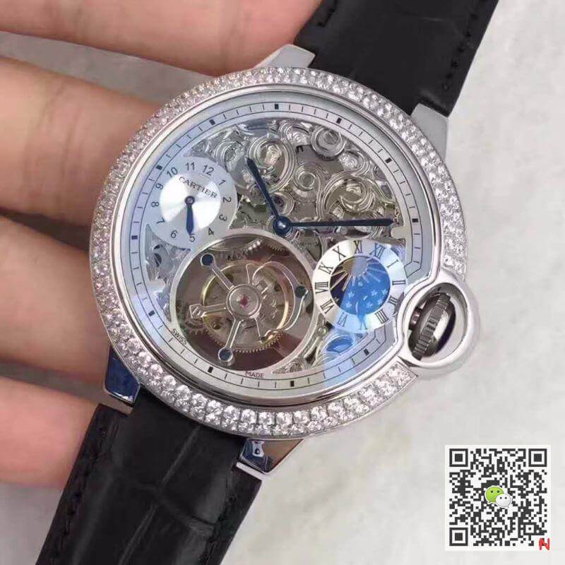Replica Ballon Bleu De Ca*t1er Tourbillon 1:1 Best Edition Swiss Tourbillon D1am0nds bezel Black Leather Strap