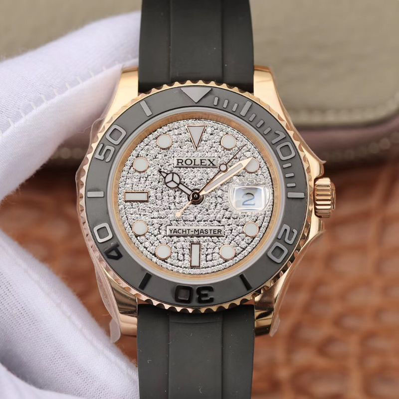 Replica R01ex Yacht-Master 40mm 116655 D1am0nd Dial Rosegold 1:1 Best Edition Automatic Swiss Movement Black Rubber Strap