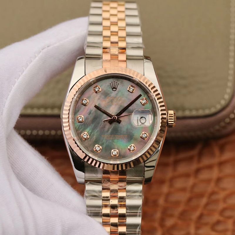 Replica R01ex Date-Just 36mm 1:1 Best Edition Gray Dial D1am0nd Markers 18K Gold Wrapped Swiss ETA3135