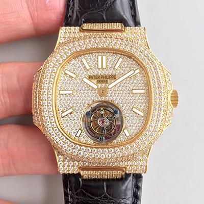 Pat*k Phi1i*pe Replica Nautilus Jumbo Tourbillon 1:1 Best Edition Swiss Tourbillon 18K Yellow Gold D1am0nd Dial