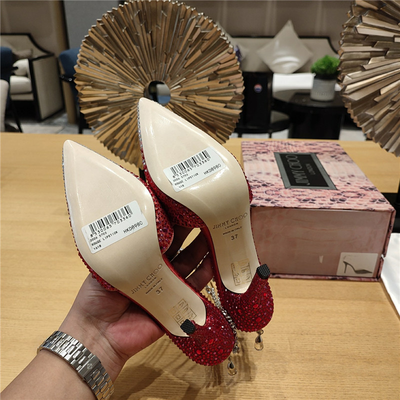 J1m*y Ch00 Crystal Chain Heeled Sandals