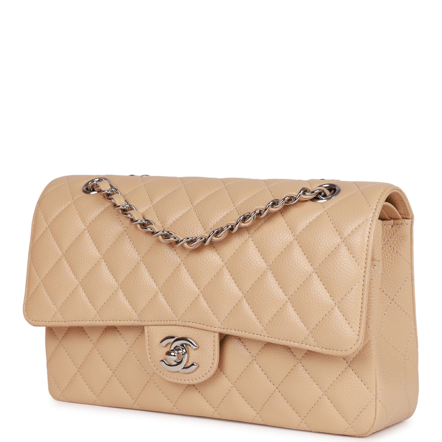 Medium Classic Double Flap Bag Beige Caviar Silver Hardware