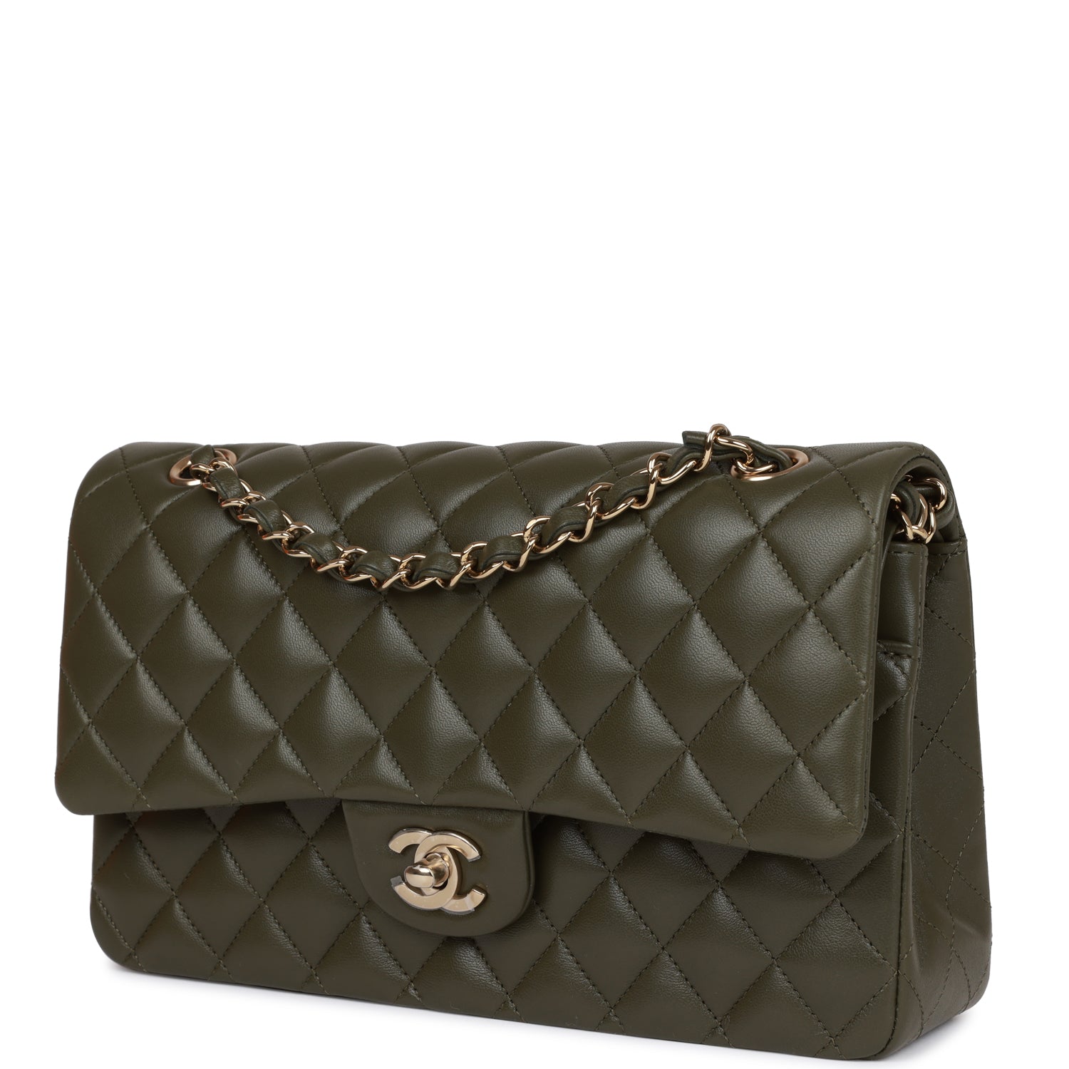 Ch**el Medium Classic Double Flap Bag Olive Calfskin Light Gold Hardware