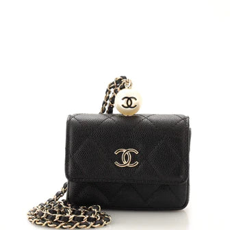 Ch**el CC Pearl Coin Card Holder with Chain Quilted Caviar