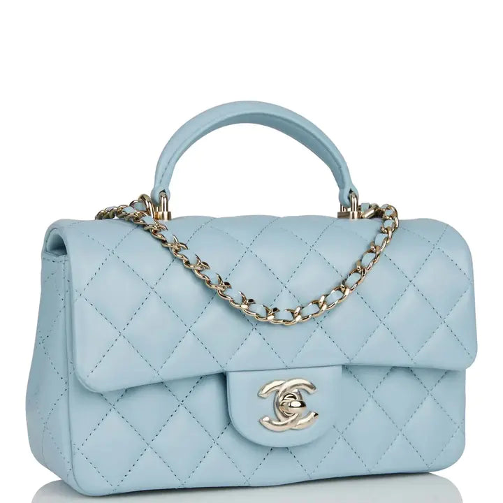 Mini Rectangular Flap with Top Handle Blue Lambskin Light Gold Hardware