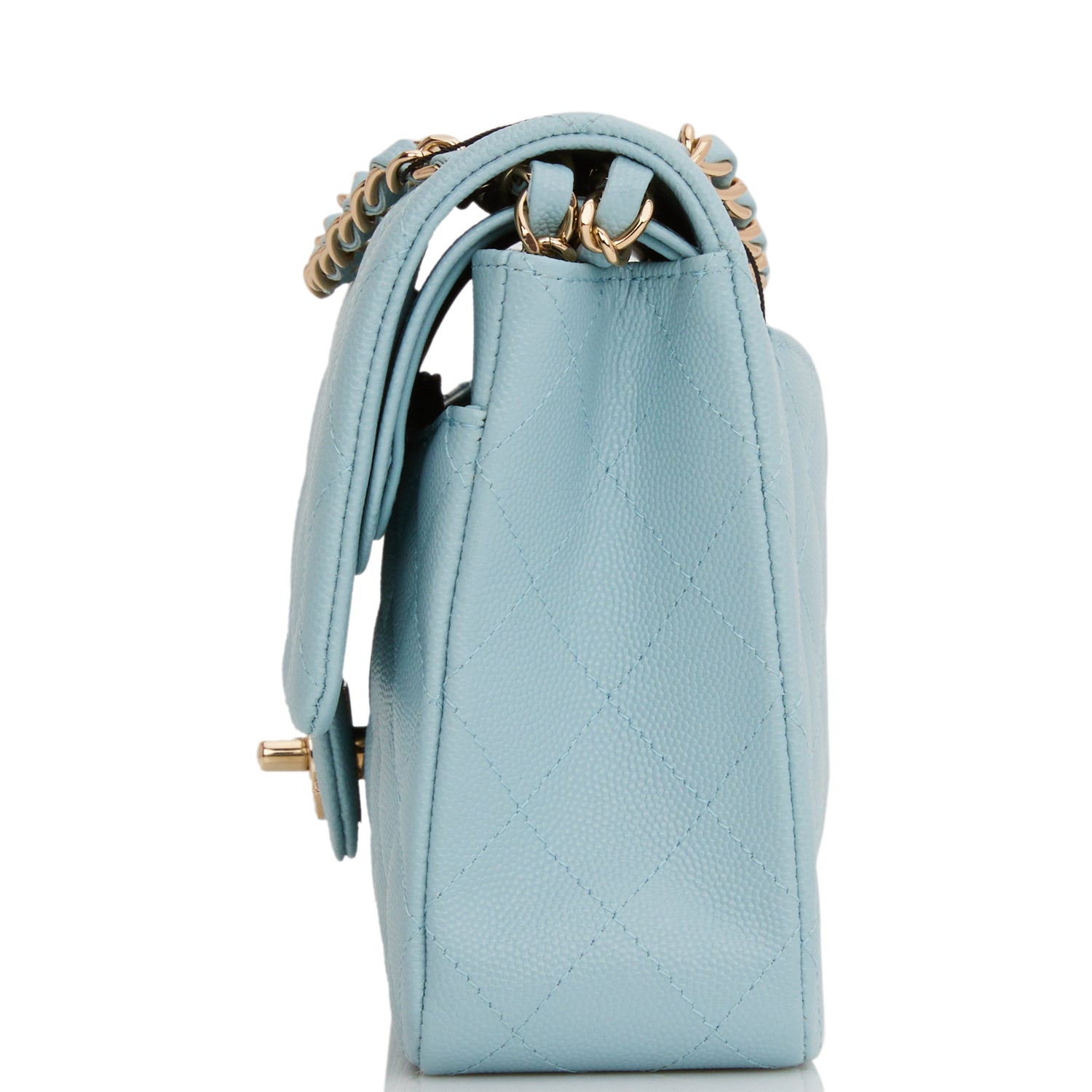 Medium Classic Double Flap Bag Blue Quilted Caviar Light Gold Hardware
