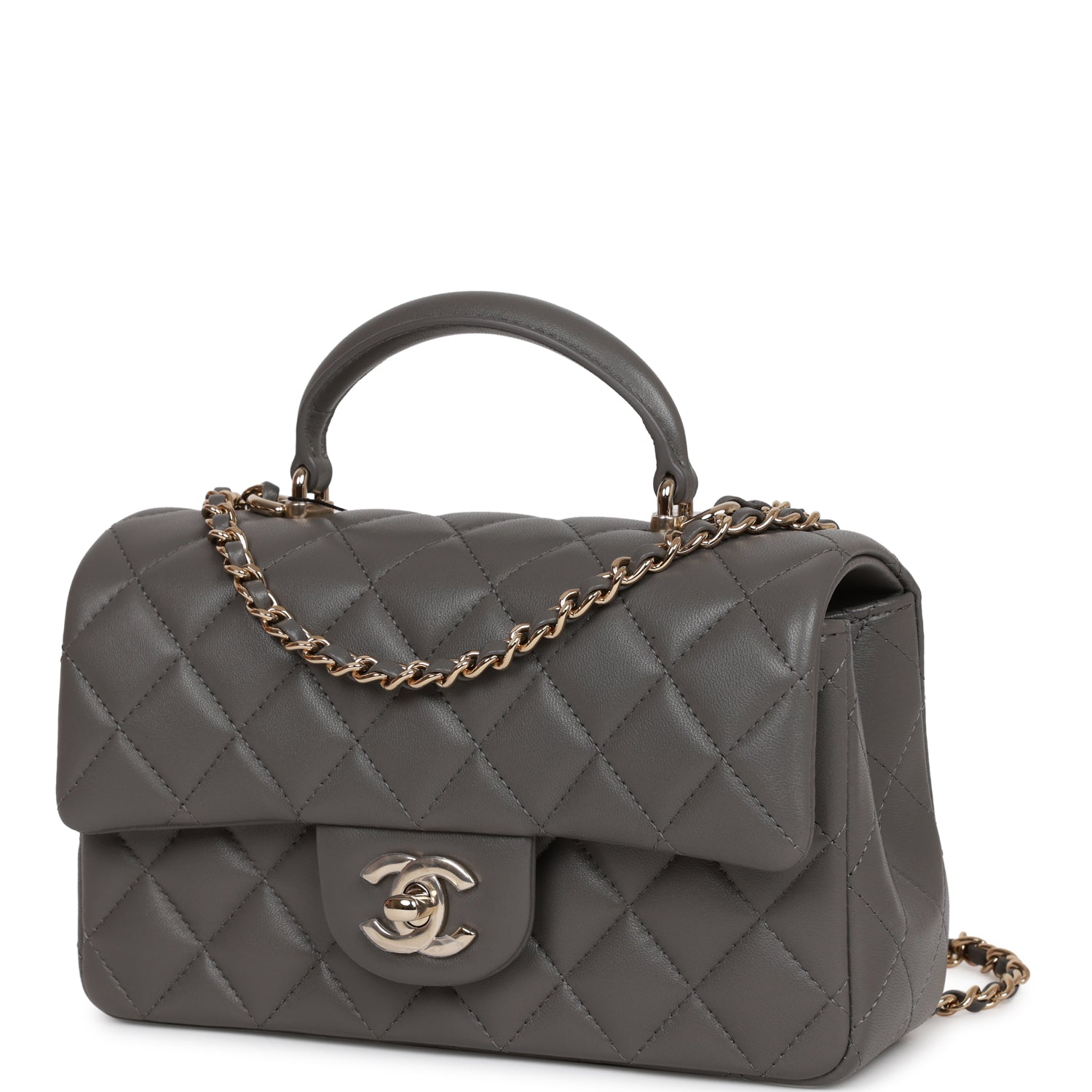 Mini Rectangular Flap Bag with Top Handle Dark Grey Lambskin Light Gold Hardware