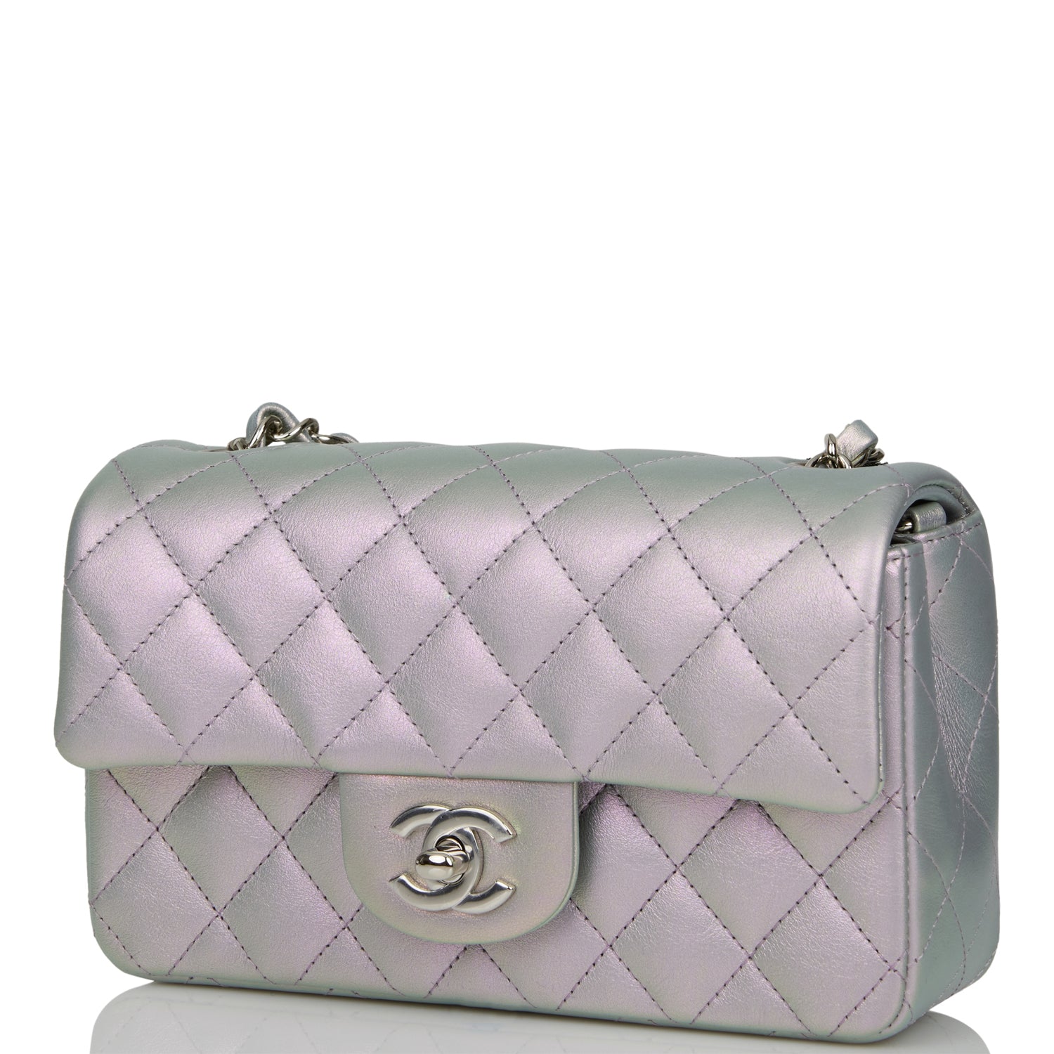 PEARL CRUSH MINI RECTANGULAR FLAP BAG LIGHT GREY LAMBSKIN ANTIQUE GOLD HARDWARE