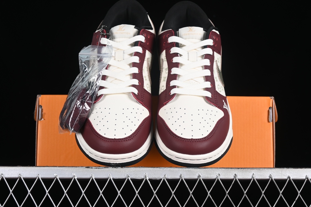 L0vis Vvtt0n x Nike Dunk Low joint custom-burgundy silver hook SB low-top casual sneakers