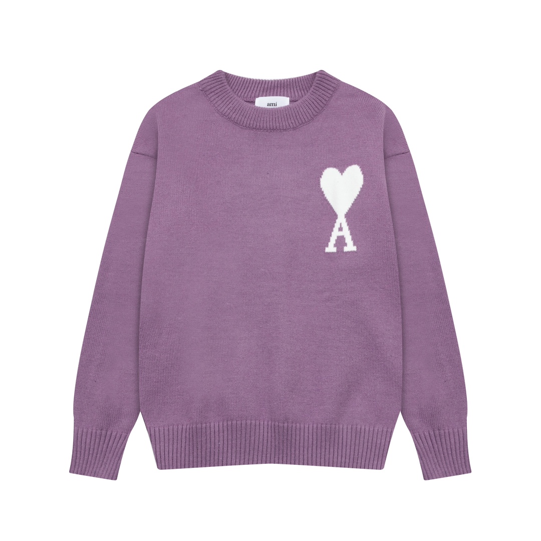 AMI Paris 2024 Autumn and Winter New Collection: Big Heart Alpaca Blend Soft Waxy Knitted Round Neck Cloud Sweater (Oversize Unisex Style)